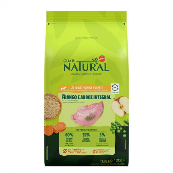 Ração Guabi Natural Frango e Arroz Integral para Cães Adultos de Raças Grandes e Gigantes - 12 Kg