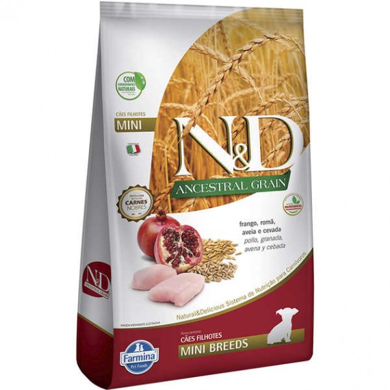 Ração N&D Ancestral Grain da Farmina sabor Frango, Româ, Aveia e Cevada  para Cães Filhotes Mini Breeds