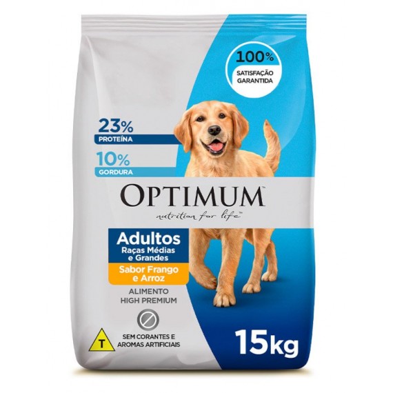  Ração Optimum para Cães Adultos de Raças Médias e Grandes Sabor Frango e Arroz - 15Kg