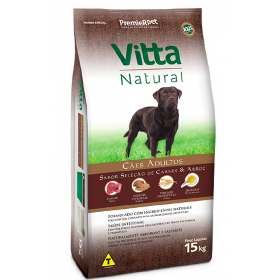 Ração Seca Vitta Natural Cães Adultos Sabor Carne e Arroz - 15 Kg