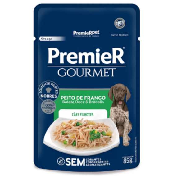 Ração Úmida Premier Gourmet Sachê para Cães Filhotes Sabor Peito de Frango, Batata Doce e Brócolis - 85 g