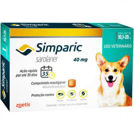 Antipulgas Zoetis Simparic para Cães - 10,1 a 20 Kg - Comprimido