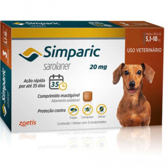 Antipulgas Zoetis Simparic para Cães - 5,1 a 10 Kg - Comprimido 