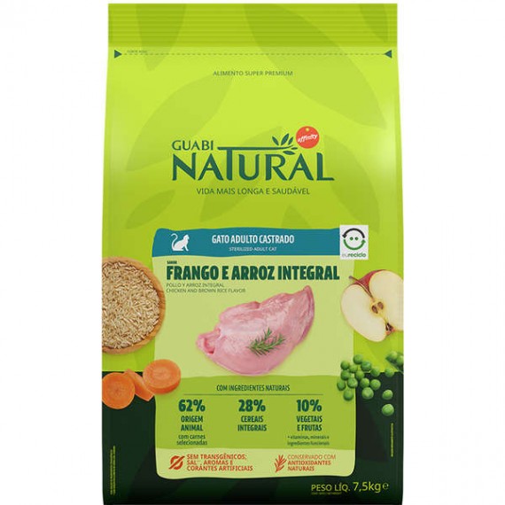 Ração Guabi Natural Frango e Arroz Integral para Gatos Adulto Castrados