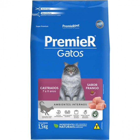 Ração PremierPet  Super Premium Ambiente Interno Castrado  Gatos Adultos Sabor Frango de 7 a 11 anos 