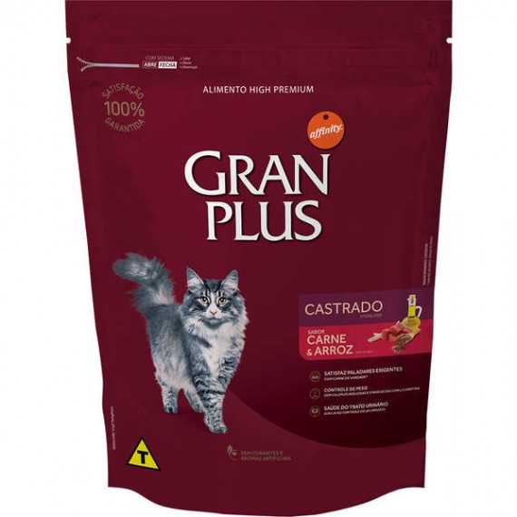 Ração Granplus High Premium Sabor Carne e Arroz para Gatos Castrados