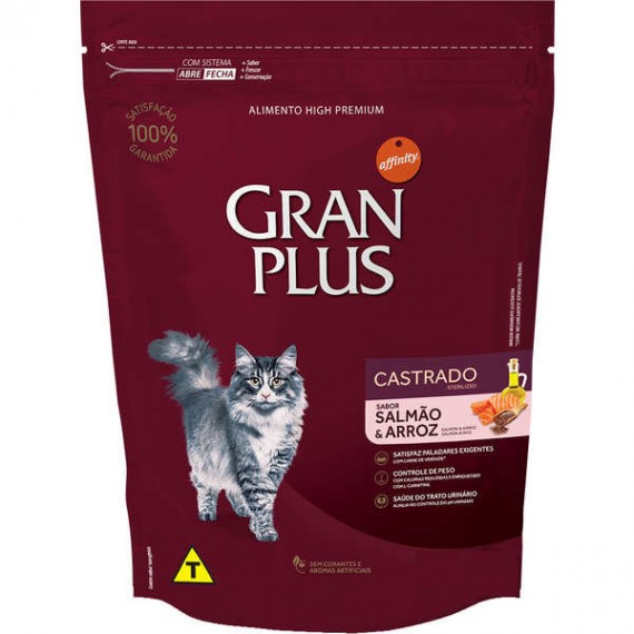 Ração Granplus High Premium Sabor Salmão e Arroz para Gatos Castrados