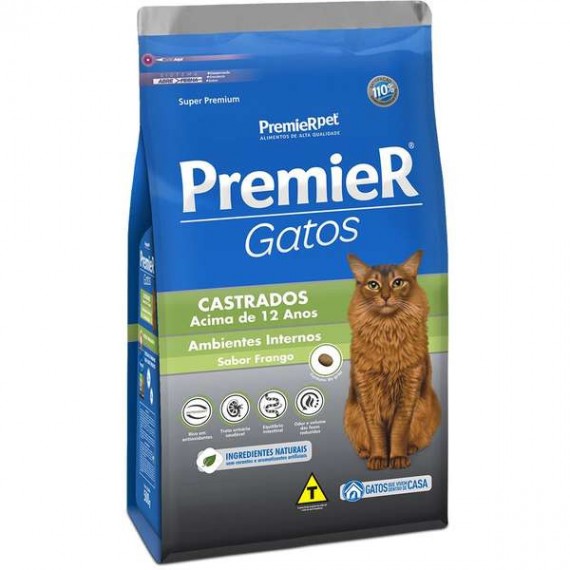 Ração PremierPet  Super Premium Ambiente Interno Castrado  Gatos Adultos Sabor Frango acima de 12 anos