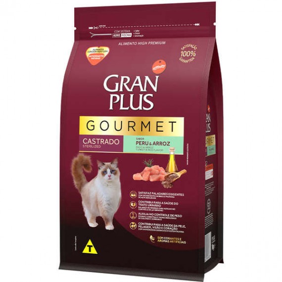 Ração Granplus Gourmet High Premium Sabor Peru e Arroz para Gatos Castrados