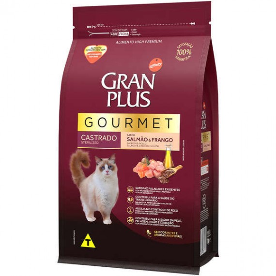 Ração Granplus Gourmet High Premium Sabor Salmão e Frango para Gatos Castrados