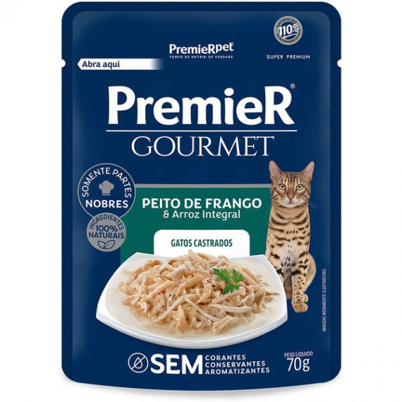 Ração Úmida Premier Gourmet Sachê para Gatos Castrados Sabor Peito de Frango e Arroz Integral - 70 g