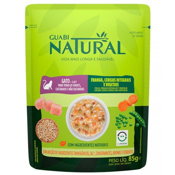 Ração Úmida Sachê Guabi Natural Frango, Cereais Integrais e Vegetais para Gatos Adultos - 85g