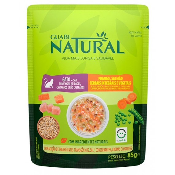 Ração Úmida Sachê Guabi Natural Frango, Salmão, Cereais Integrais e Vegetais para Gatos Adultos - 85g